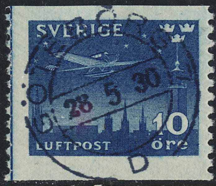 SVERIGE F231 10 öre mattblå Natt postflyg GÖTEBORG 7 D 28.5.30 Praktexemplar