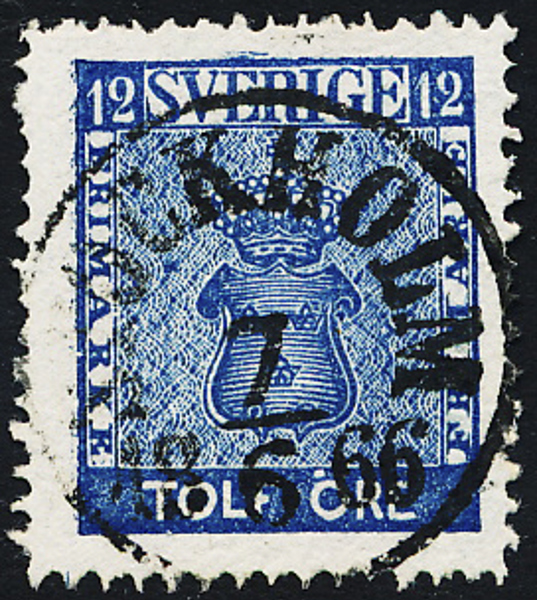 9b2  12 öre Vapen mörkblå STOCKHOLM 7.6.1866