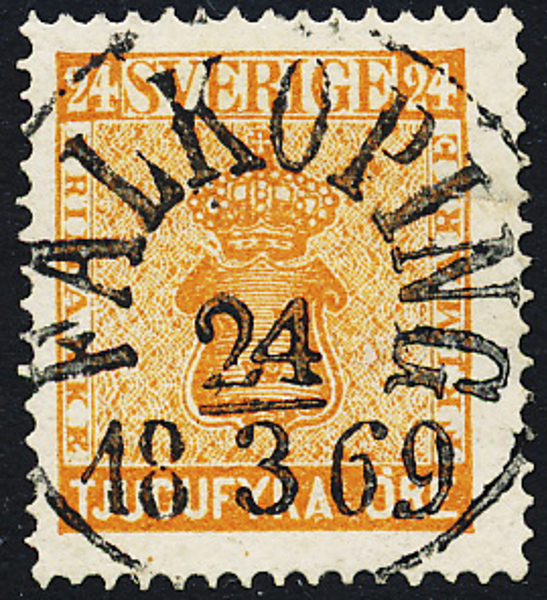 10f2  24 öre Vapen rödakt orange FALKÖPING 24.3.1869 Prakt/Lyx