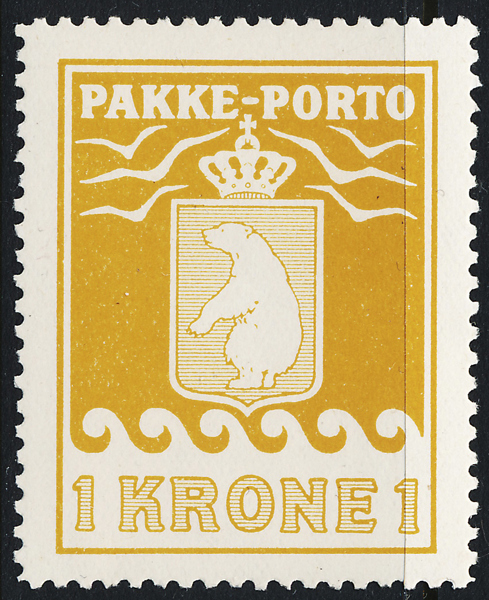 GRÖNLAND P18 V1 ** 1 öre Pakke Porto gul med "kluven fot i T"