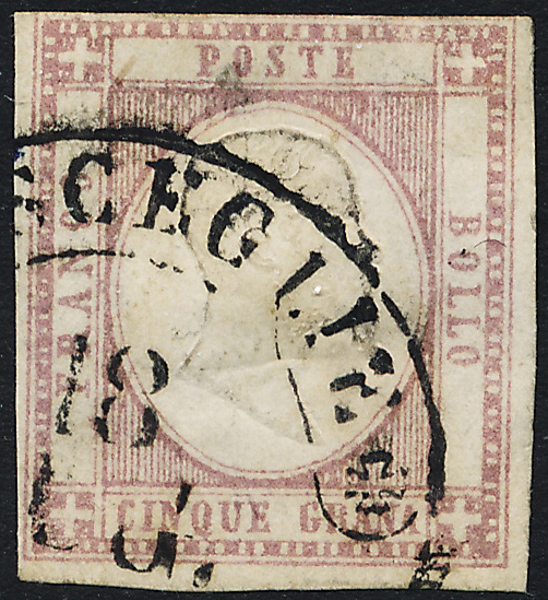 ITALIEN Emanuel II kröning 5 Gr karminröd stämplat ex