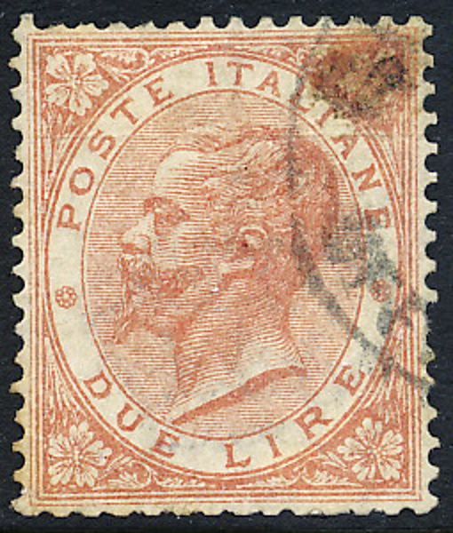 ITALIEN Mi 22 Kung Emanuel II, 2 L rödorange i stämplat ex