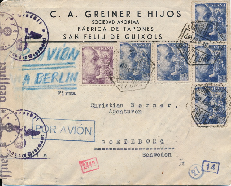 SPANIEN Brev till Sverige via sista specialflyget Barcelona - Berlin 30.4.1945