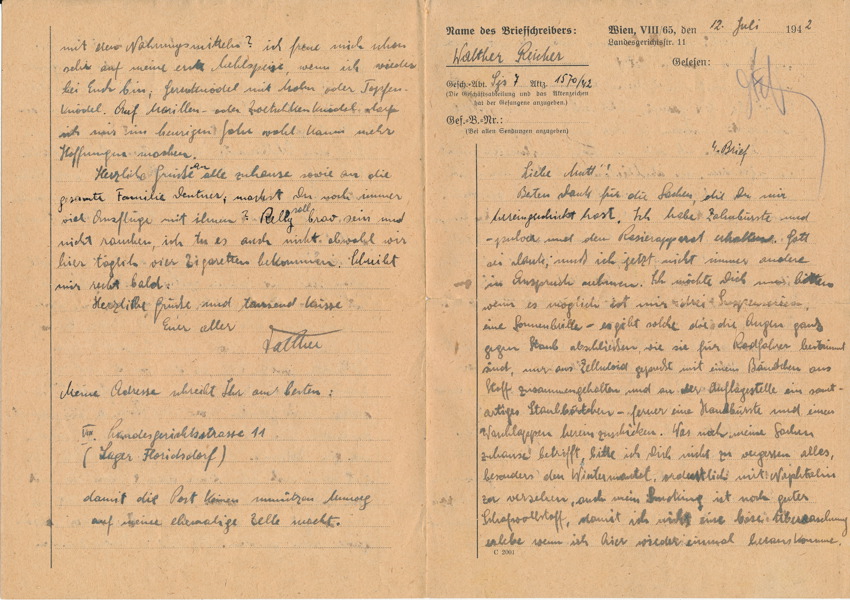 TYSKLAND 1942 Innehållet till brev från Gestapos fängelse i Wien, daterat 12 juli 1942 från brevskrivaren Walter Richer