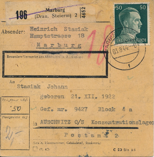 TYSKLAND Paketkort 1944 till Auschwitz från Marburg 03.8.44