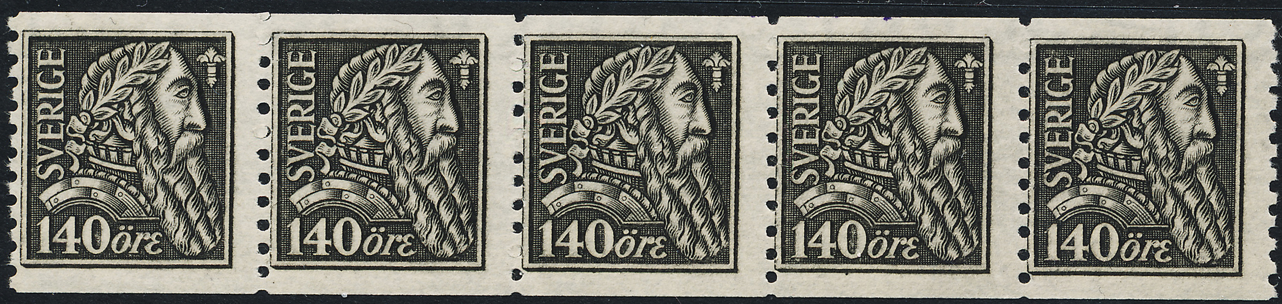 144 bz ** Gustaf Vasa 140 öre svart i postfriskt 5-strip