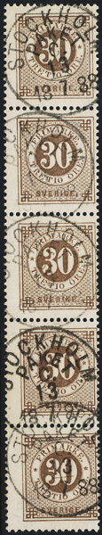 F35 Ringtyp t13 30 öre brun - STOCKHOLM PAKET C 13.7.1888 på 5-strip