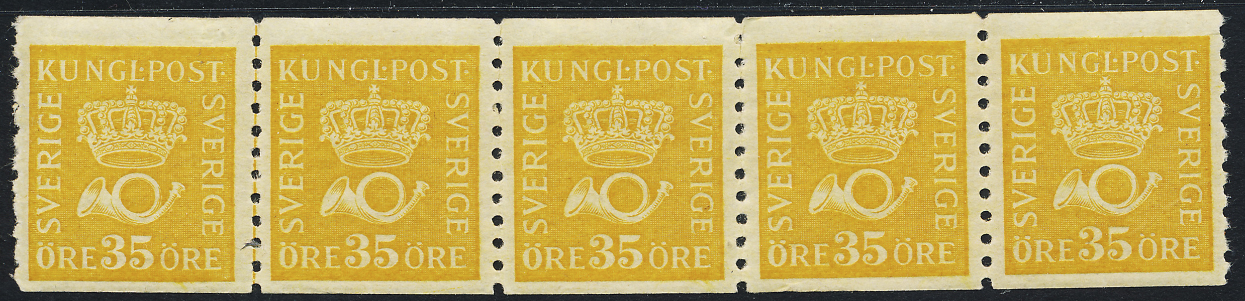 F157 Postemblem 35 öre gul typ II i postfriskt 5-strip