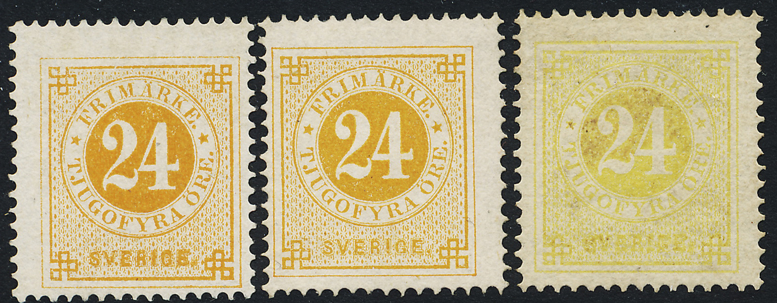 F24 Ringtyp t.14 24 öre gul i tre ostämplade ex utan gummering