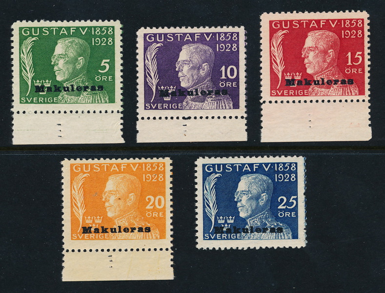F226-230 v Gustav V 70 år komplett serie med övertryck Makuleras