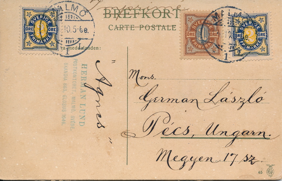 BREVKORT till Ungern sänt som trycksak 1910, frankerat med 5 öre.