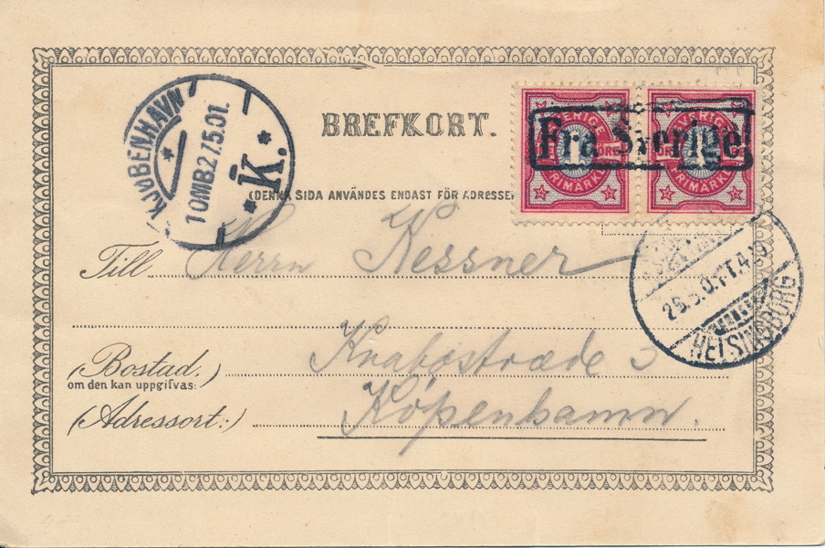 Privatgjort Brevkort sänt till Köpenhamn frankerat med par av 4 öre Siffertyp. I Köpenhamn stämplat Fra Sverige.