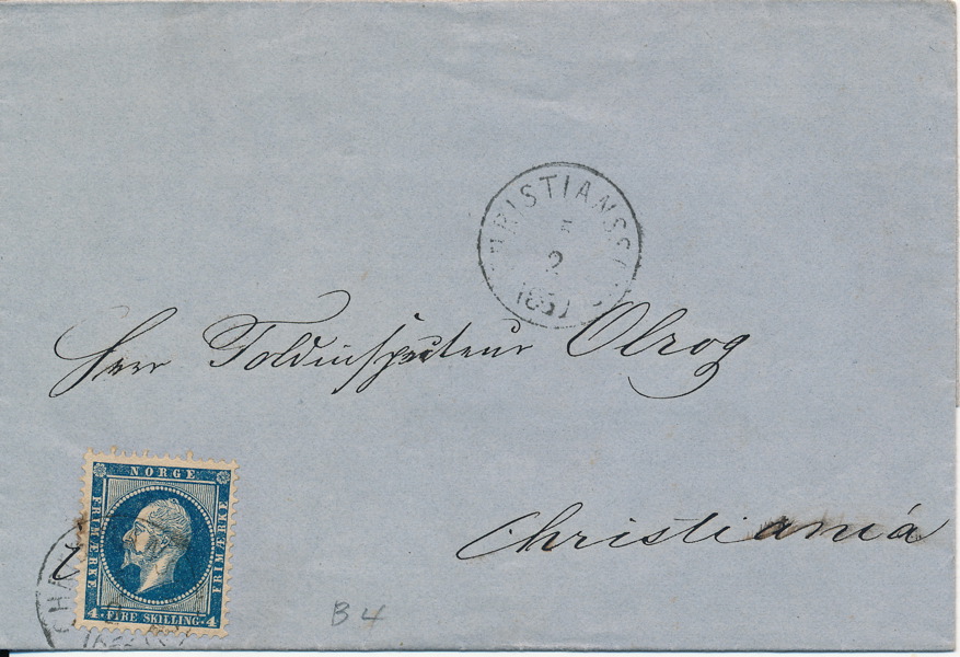 NORGE F4 4 skilling, blå CHRISTIANSAND 5.2.185x på inrikesbrev till Christiania