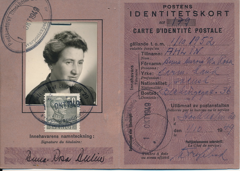 POSTENS IDENTITETSKORT avgiften betald med Profil Höger 50 öre 1949