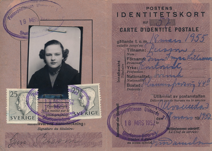 POSTENS IDENTITETSKORT  avgiften betald med Gustav VI Adolf 25 öre x2