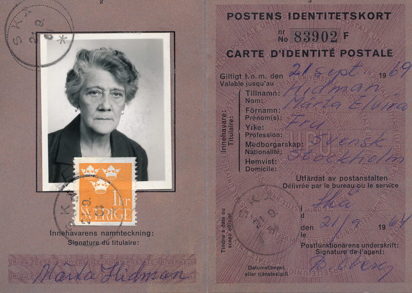POSTENS IDENTITETSKORT avgiften betald med 1 kr Tre Kronor 1961