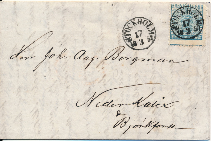 F2 4 sk bco blå STOCKHOLM 17.3.1857 på vackert praktbrev med starkt förskjuten perforering och två märkesbilder