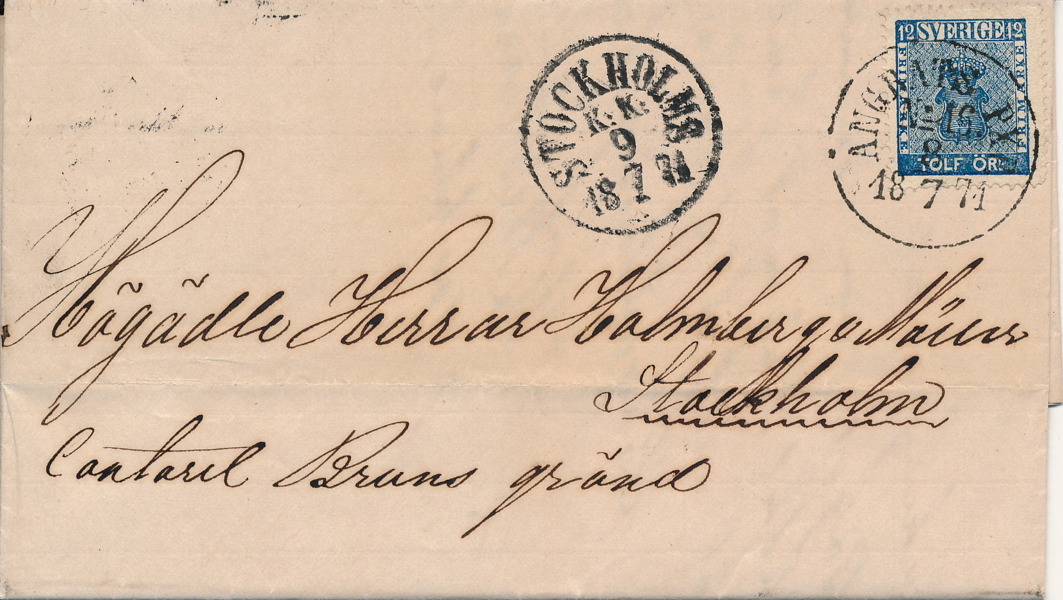 F9 Vapen 12 öre på prakt/lyxförsändelse med innehåll stämplat ÅNGBÅTS PXP No 16 8.7.1871