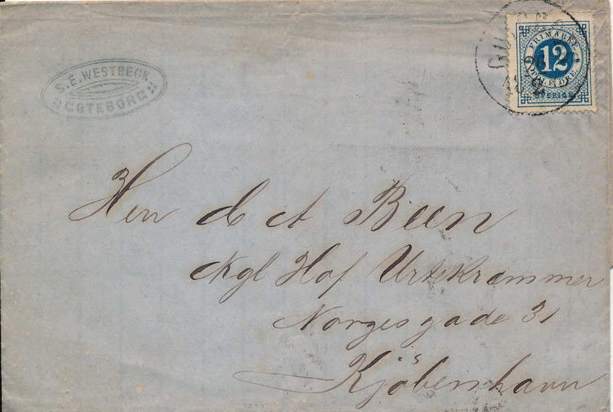 F21 Ringtyp t14 12 öre GÖTEBORG 26.2.1873 till Köpenhamn