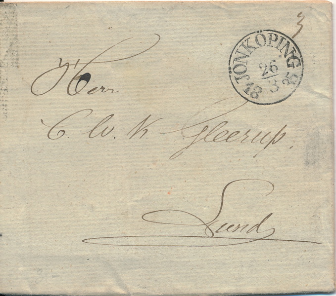 BÅGSTÄMPEL JÖNKÖPING 26.3.1835 till Lund, typ 3