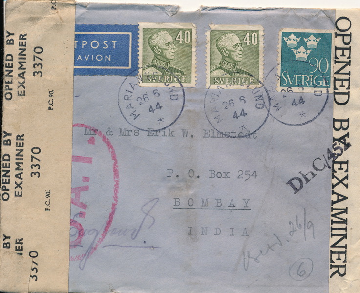 FLYGBREV CENSUR 170 öre till Indien med flera censurer, stämplat i MARIANNELUND 26.6.44