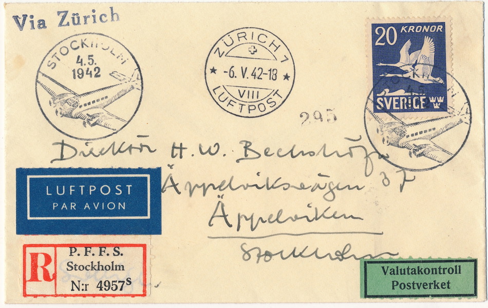 F337C Flygande Svanar 20 kr Rek FDC till Stockholm via Zürich 4.5.1942 & 6.5.42