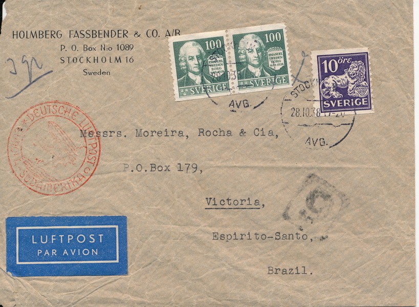 ZEPPELIN 210 öre på flygpostbrev till BRASILIEN med Zeppelin, röd stämpel DEUTSCHE LUFTPOST EUROPA-SÜDAMERIKA