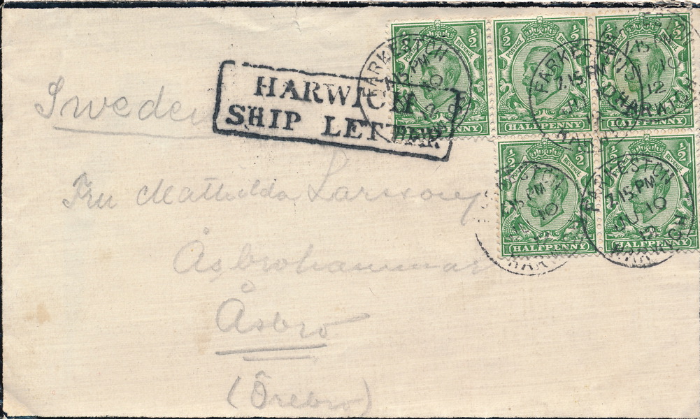 HARWICH SKIP LETTER Brev från England till Åsbro (Örebro)