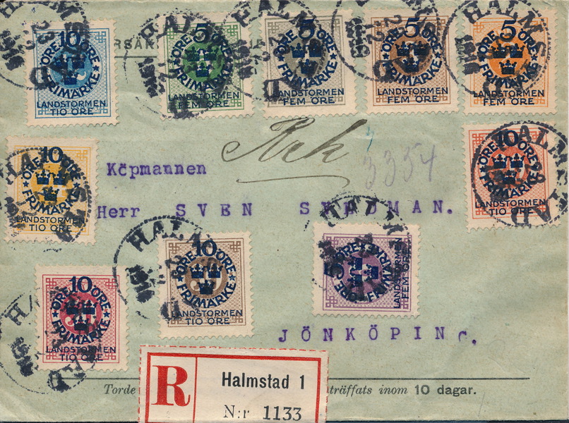 F105-114 HALMSTAD 23.12.1916 kpl serie Landstorm I på rekbrev till Jönköping