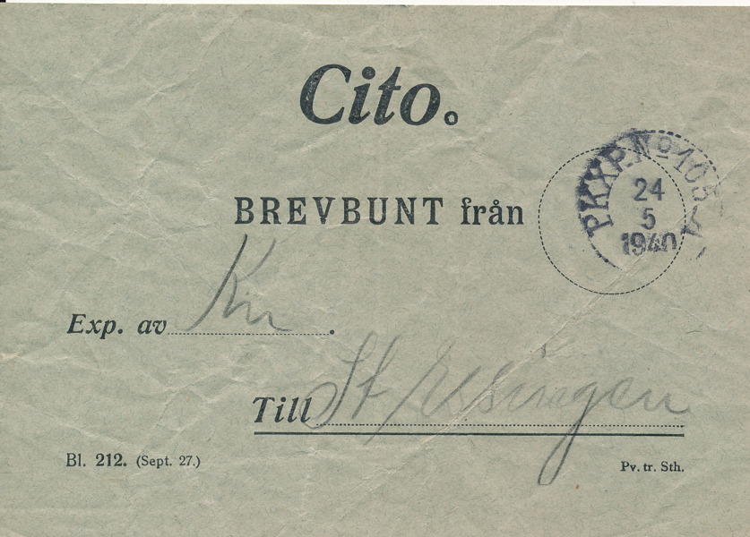 FÖLJESEDEL Cito Brevbunt från PKXP No 105 A 24.5.1940 Till St. Essingen.