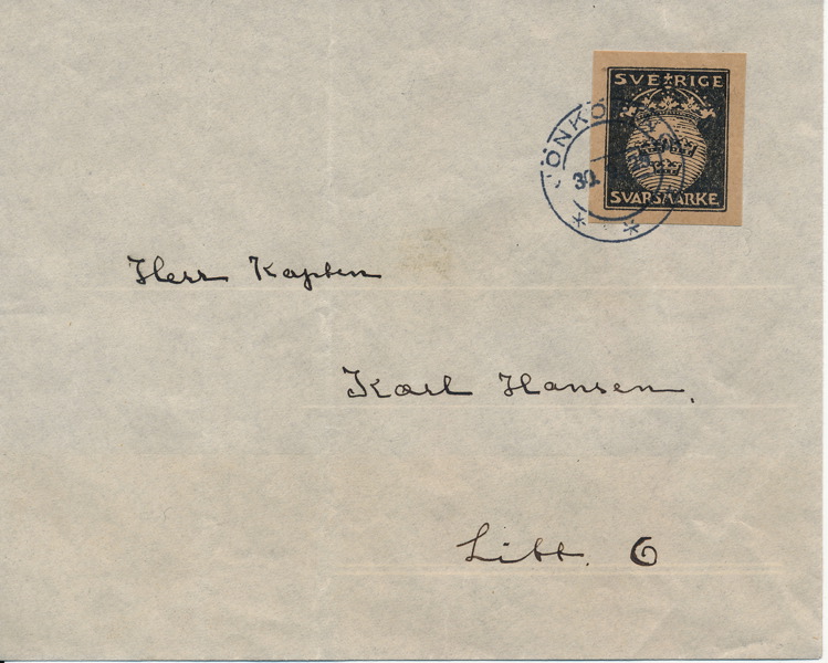 M1 Svart svarsmärke med breda marginaler på brev stämplat JÖNKÖPING 30.9.29