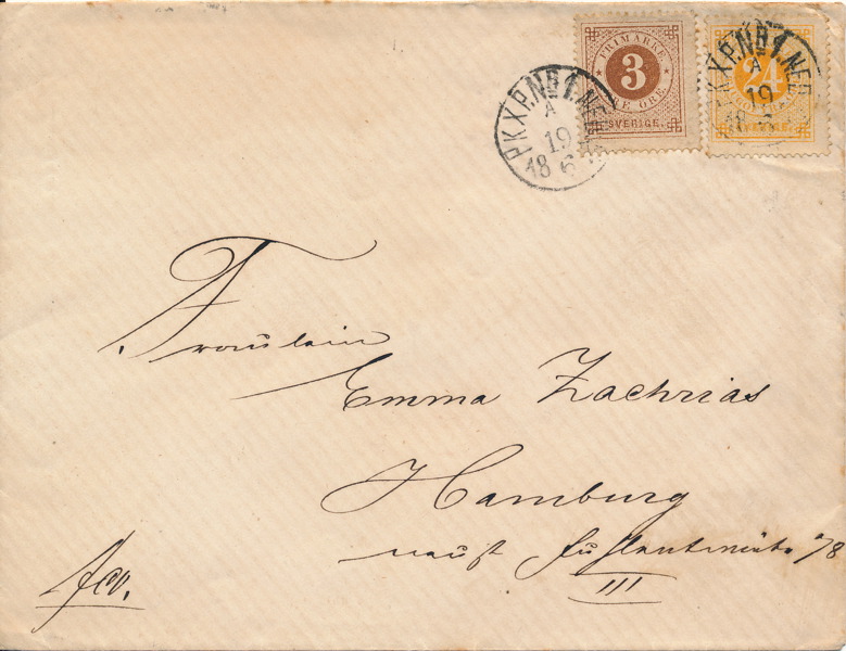 F17d & 24d 3+24 öre på brev i första viktklassen till Tyskland stämplat PKXP N:r 1 NED 19.6.1873