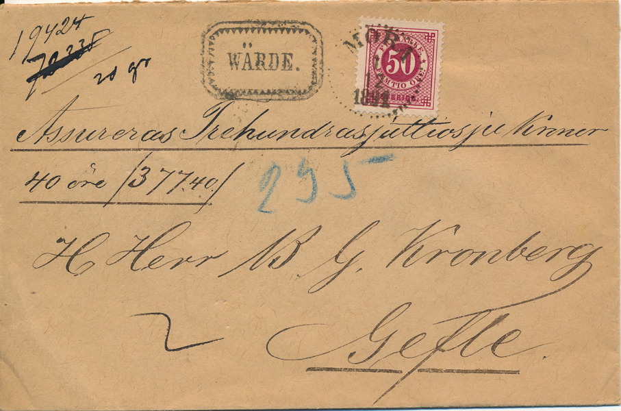 F48e MORA 1.12.1891 på inrikes ASSbrev med Ringtyp PH mörk violettakt karmin. Ankomst GEFLE 2.12.1891
