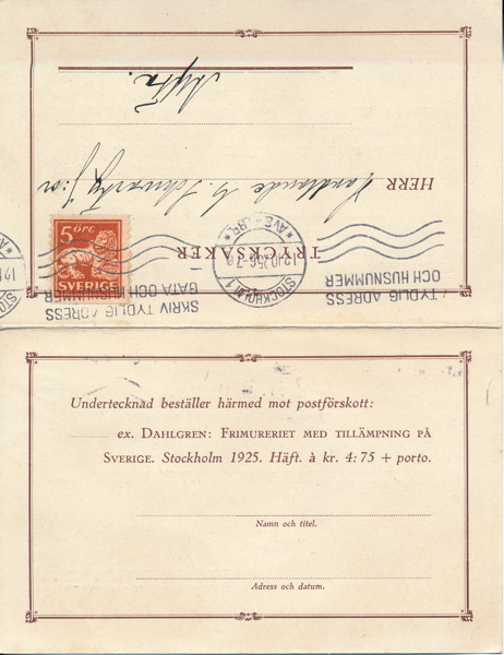F142A Trycksak till Alfta från Stockholm 12.10.1925