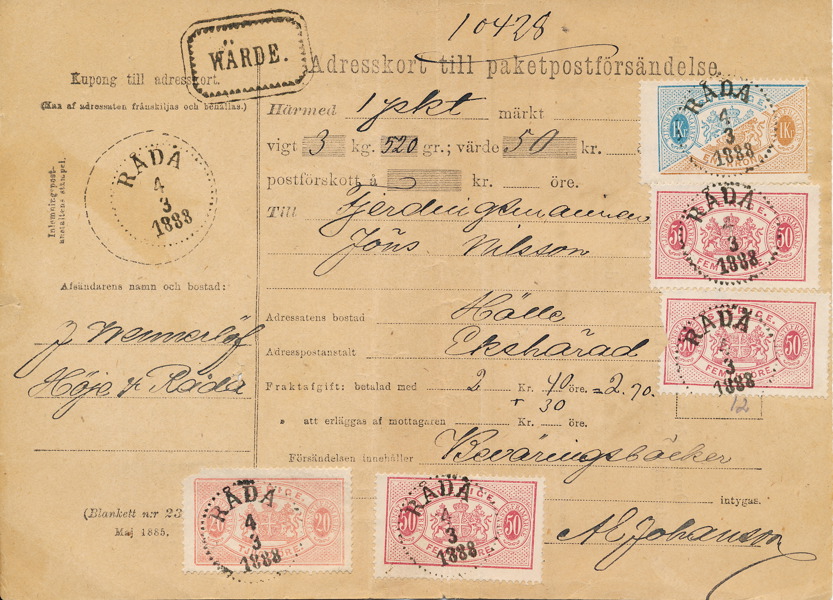 TJ 18, 22A x 3 och 24A Rekommenderat paket från RÅDA 4.3.1888 till Ekshärad och Fjerdningsman Jöns Nilsson i Hälle.