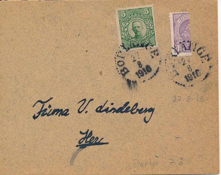 F79, 74 (halverad) Lokalt brevomslag BORLÄNGE 27.8.1918 (till Här) med halverad 4-öring, Lilla Riksvapnet.
