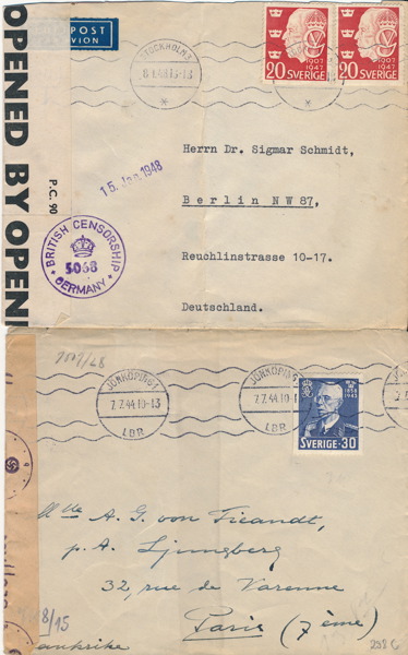 CENSURBREV Två st från Sverige till Frankrike 1944 och Tyskland 1948 med olika censurer