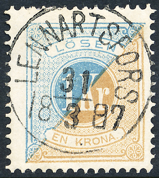 L20 Lösen t.13 1 kr blå/brun LENNARTSFORS 31.3.1887 Praktexemplar