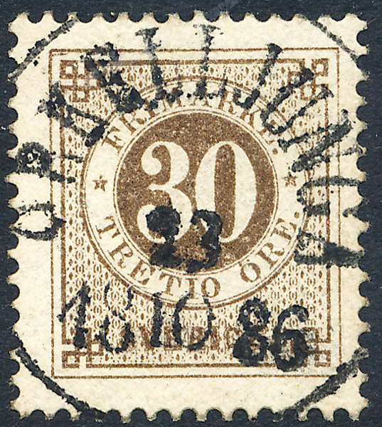 F35j Ringtyp t.13. 30 öre olivakt. gulbrun ÖRKELLJUNGA 23.10.1886 Praktexemplar