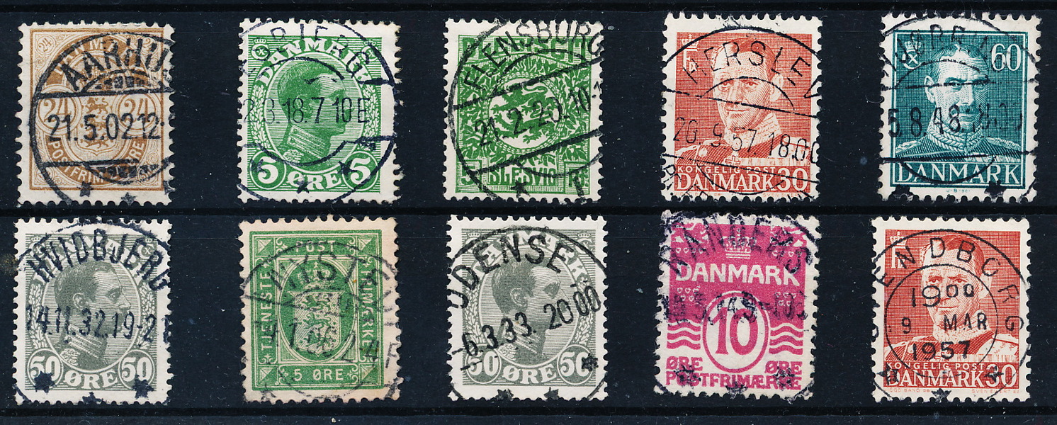 DANMARK 10 st vackra ortsstämplar 1906-1957, ej Kœbenhavn, alla olika