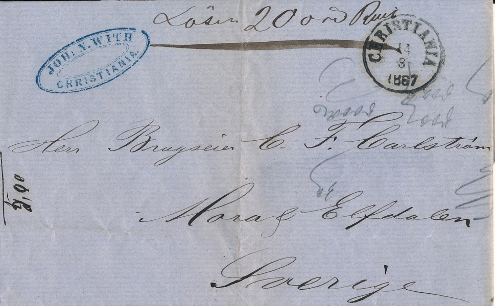 LÖSEN Obetalt brev från Norge CHRISTIANIA 11.3.1867 till Elfdalen/Mora