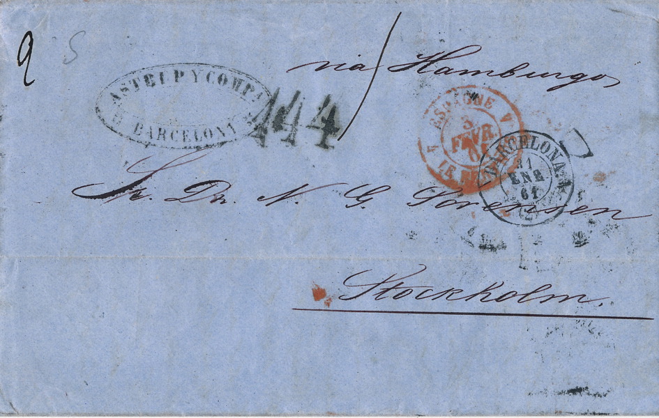 LÖSEN Brevomslag ofrankerat från Barcelona till Stockholm via Frankrike och Hamburg med flera stämplar, 1861