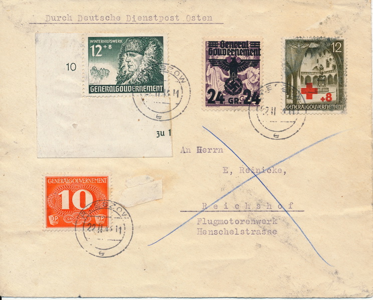 TYSKLAND Generalgouvernement Mi 22, 59 52 och Leveransfrimärke Mi 1 Tjänstebrev till Flugmotorenwerk i Reichshof postalt stämplat 22.11.1943