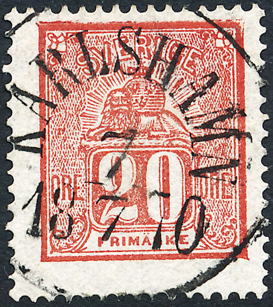 F16e Liggande lejon 20 öre röd  KARLSHAMN 7.7.1870