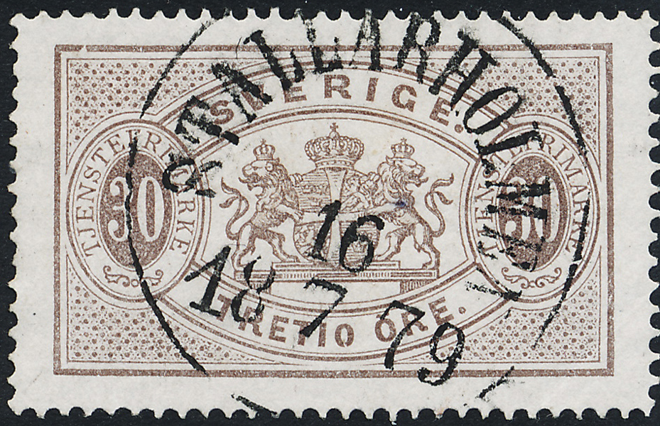 TJ8 TJÄNSTE t14 30 öre mattbrun STALLARHOLMEN 16.7.1879 Prakt