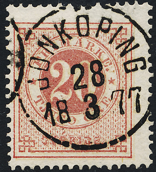 F23 Ringtyp 20 på 20 öre mattröd på blekorange JÖNKÖPING 28.3.1877