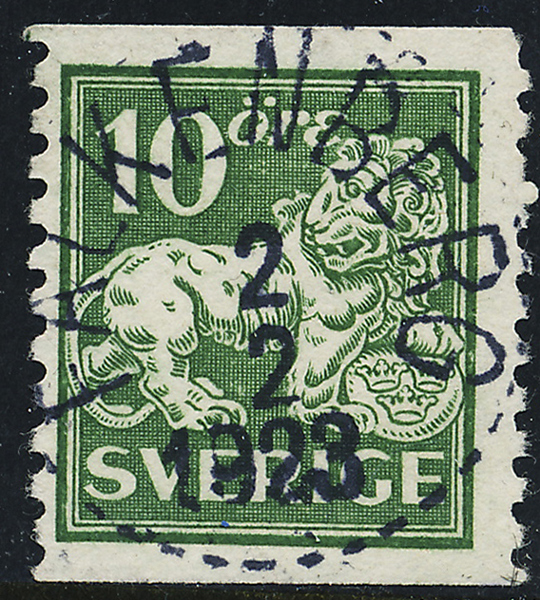 F144cx St. Lejon 10 öre grön vm linjer FALKENBERG 2.2.1923