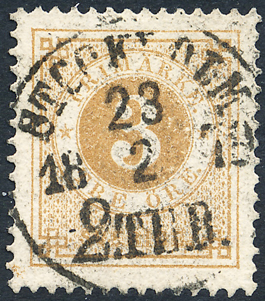 F28 Ringtyp t13 3 öre brun STOCKHOLM 23.2.1879 2 TUR Prakt