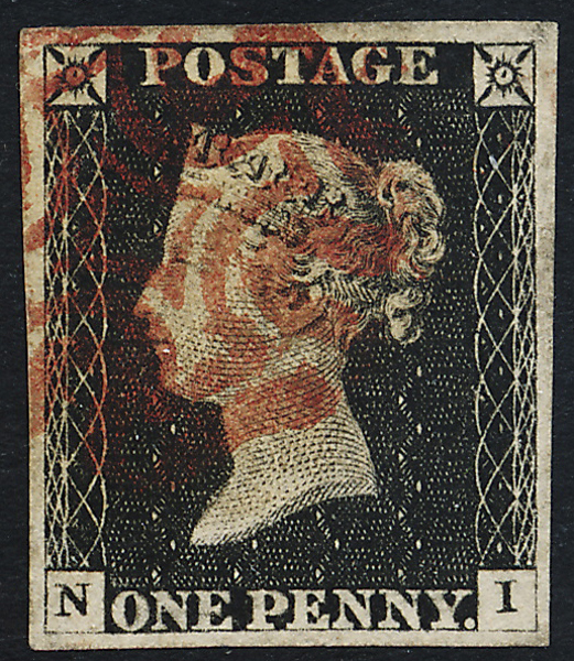 ENGLAND Mi 1 One Penny Black stämplat med rött Malteser-kort