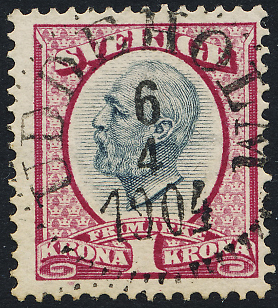 F60 Oscar II 1 kr röd/grå UDDEHOLM 6.4.1904